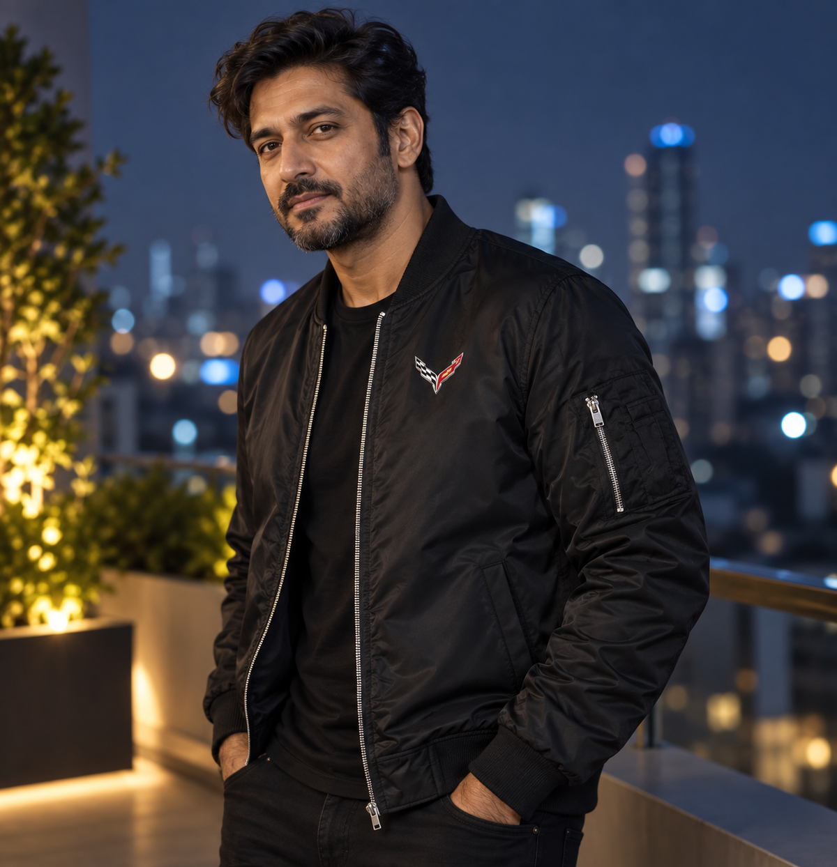 Chevrolet Corvette Bomber Jacket | Color: Black | Image 5 | Lifestyle Editorial