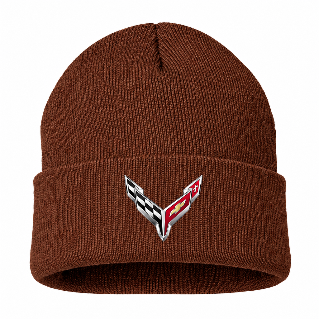 Men's Chevrolet Corvette Beanie Hat — Brown — clean front main