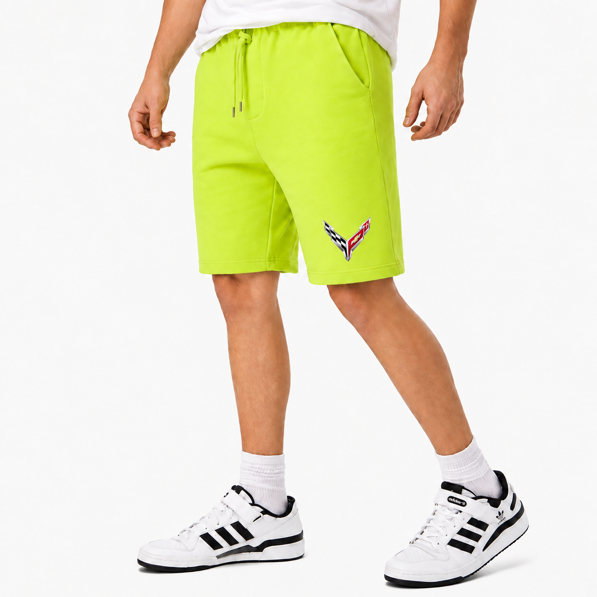 Chevrolet Corvette fleece shorts Lime Green front logo near left hem