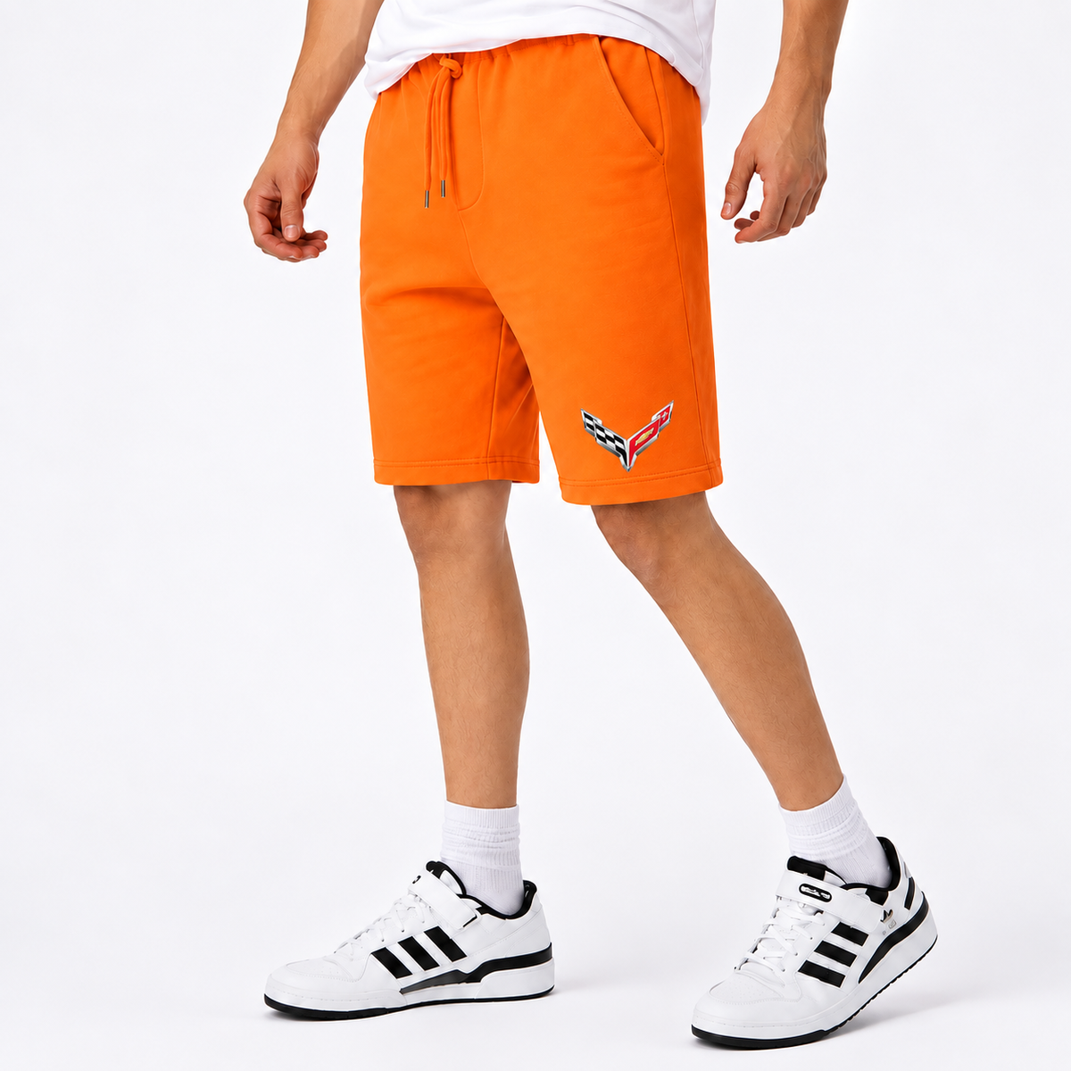 Chevrolet Corvette fleece shorts Orange front logo near left hem