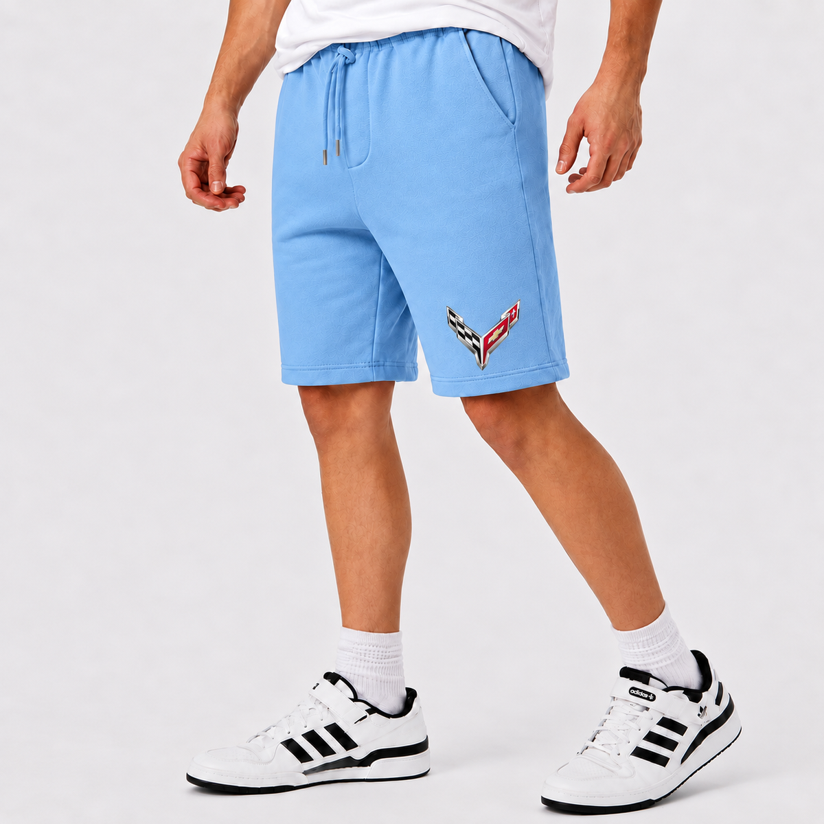 Chevrolet Corvette fleece shorts Sky Blue front logo near left hem