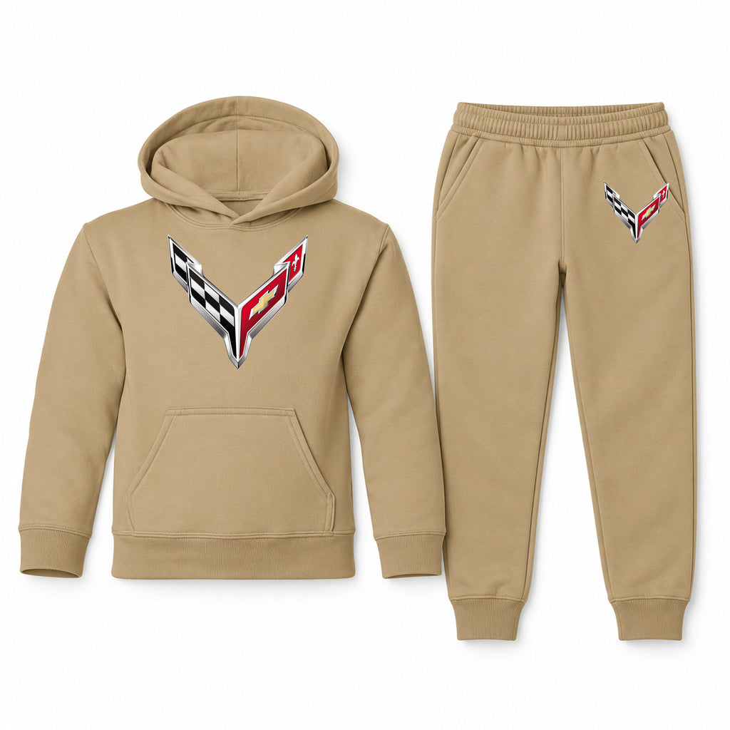 Chevrolet Corvette youth hoodie jogger set, Khaki, Youth Large ages 10–12