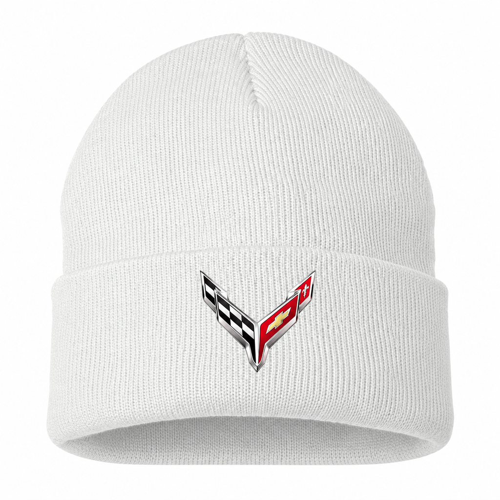 Men's Chevrolet Corvette Beanie Hat — White — clean front main