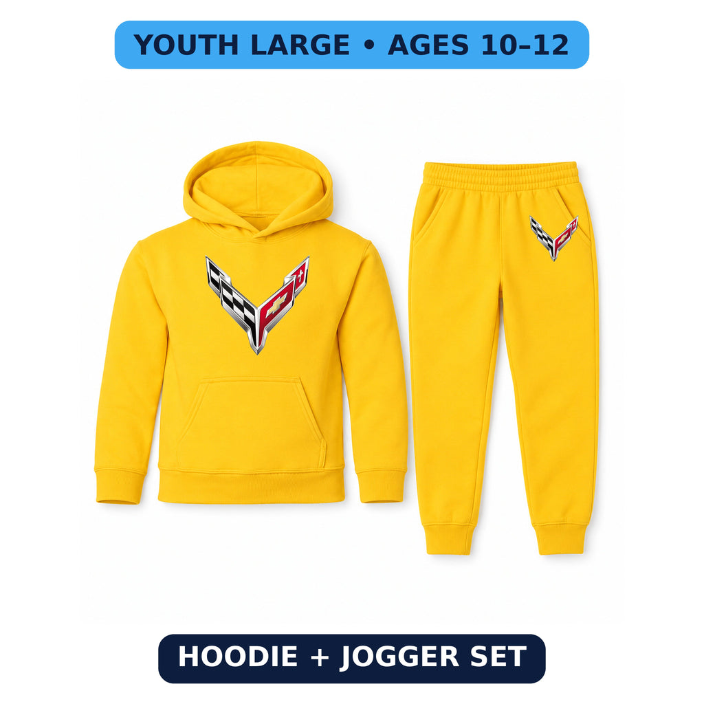 Chevrolet Corvette youth hoodie jogger set, Yellow, Youth Large ages 10–12