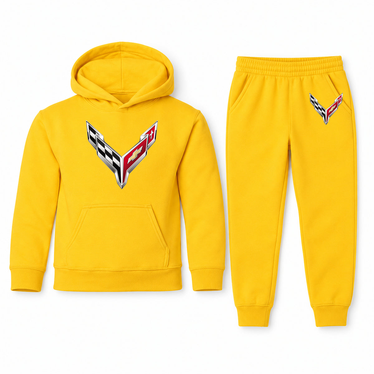 Chevrolet Corvette youth hoodie jogger set, Yellow, Youth Large ages 10–12