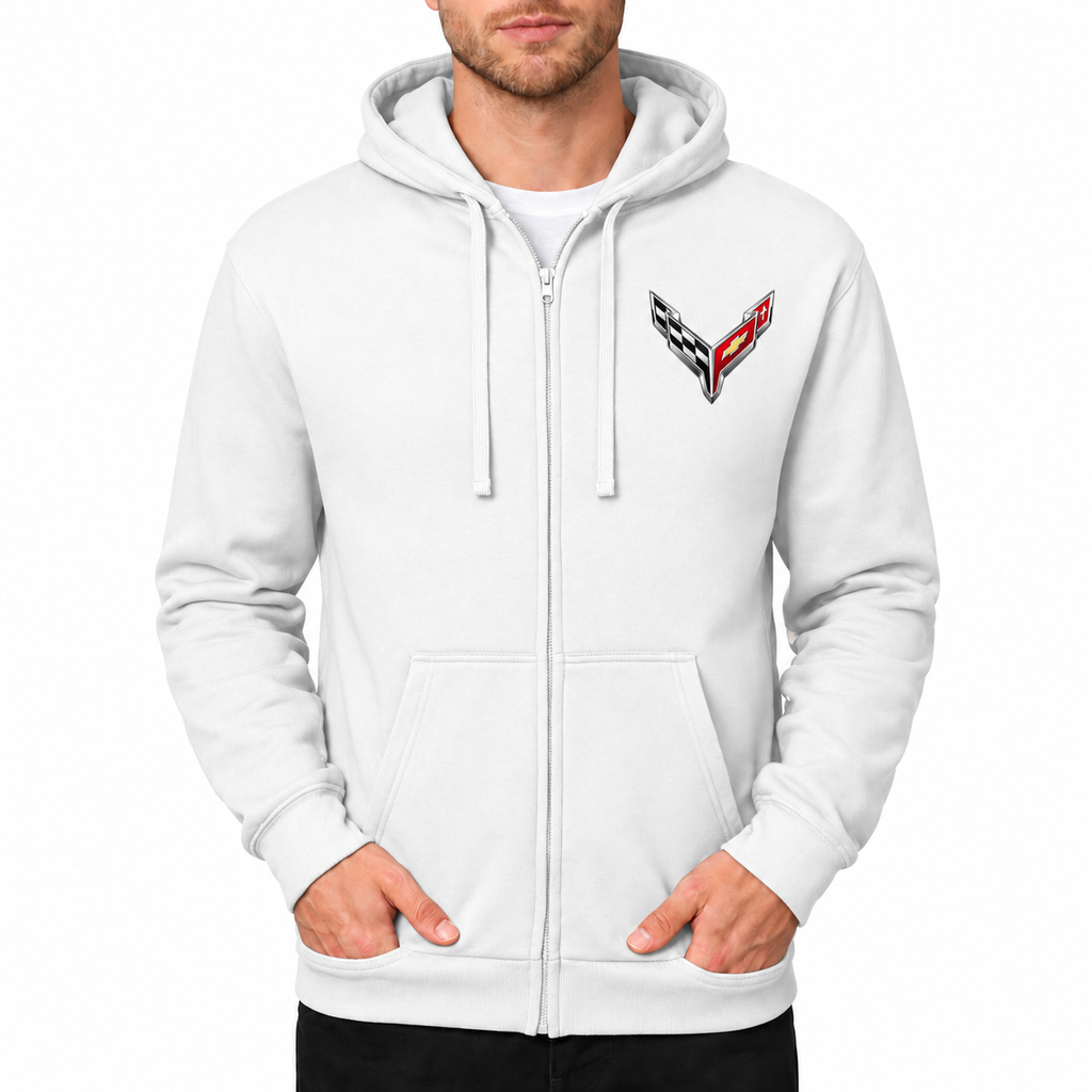 Chevrolet Corvette White zipper hoodie front left chest heat transfer