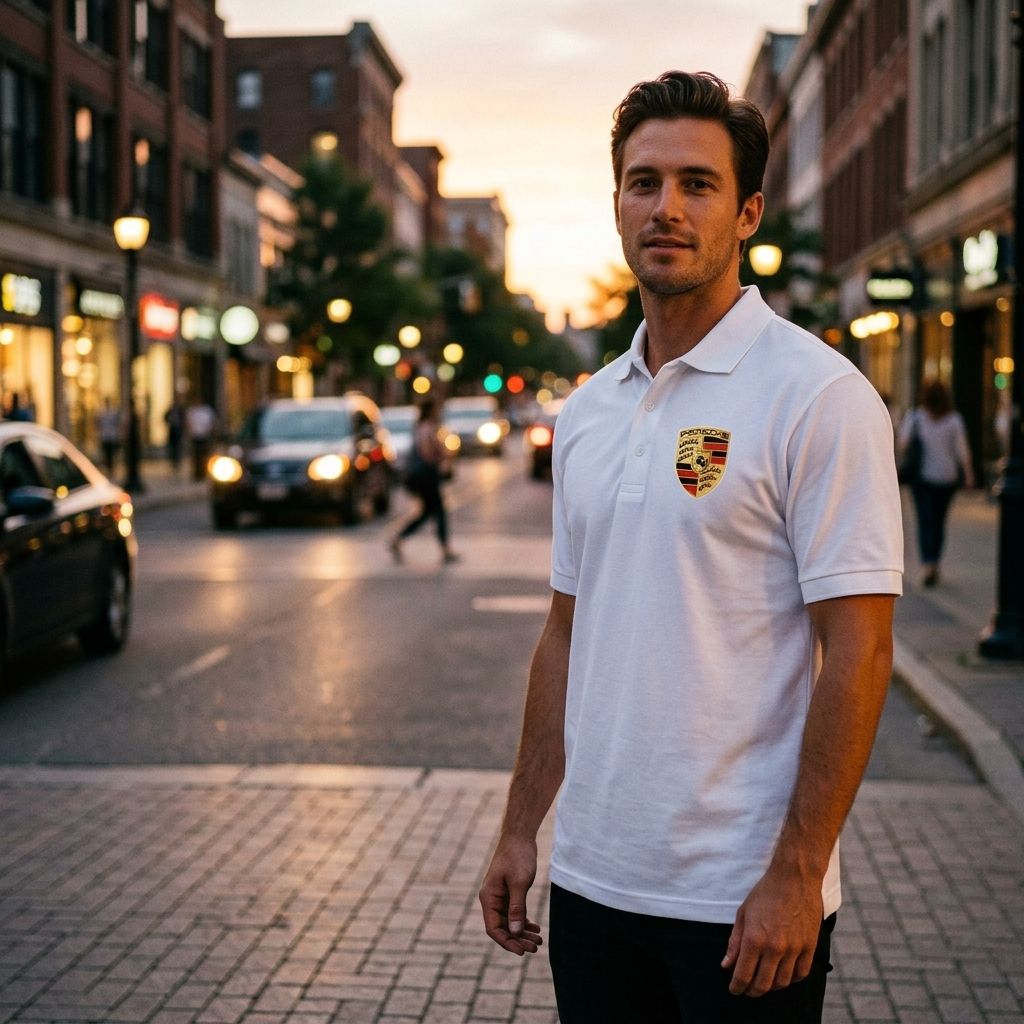 Man wearing Porsche Dry Blend Polo standing on city street at dusk, with street lighting highlighting fabric and urban scene.