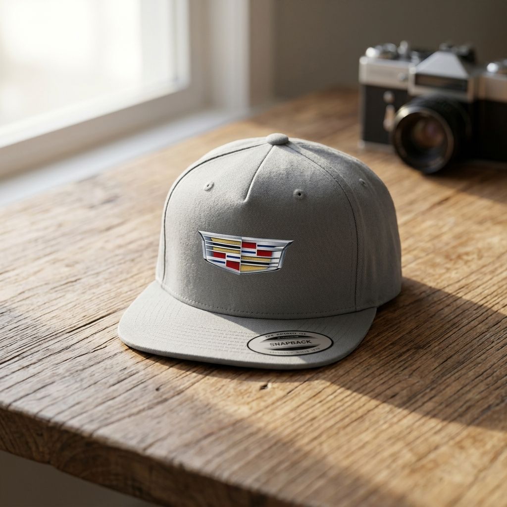 Close-up of Cadillac Car Snapback Hat showing embroidered logo on textured cotton fabric.