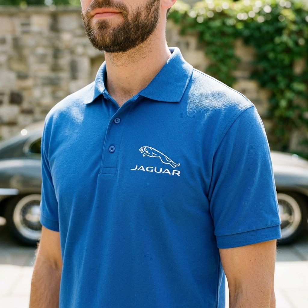 Close-up of Men’s Jaguar Symbol Car Dry Blend Polo highlighting collar, placket, and fabric texture in natural outdoor light.