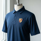 Close-up of men's Porsche polyester polo highlighting fabric texture and reinforced stitching on collar and sleeves.