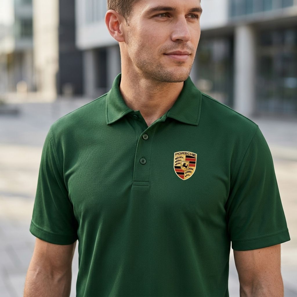 Close-up of men's Porsche polyester polo shirt focusing on collar and chest, showcasing smooth fabric and reinforced stitching.
