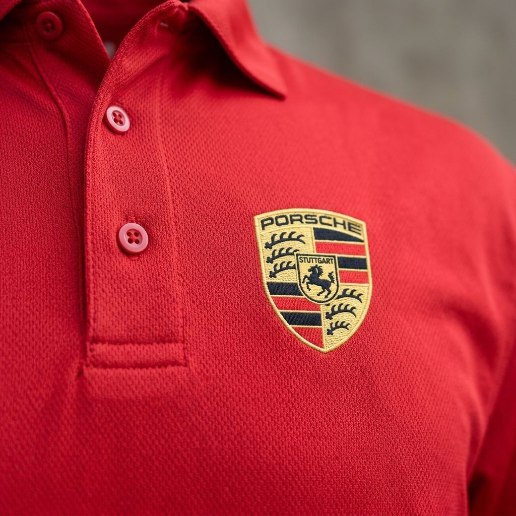 Close-up of men's Porsche polyester polo fabric showcasing smooth texture, reinforced stitching, and moisture-wicking material under natural lighting.