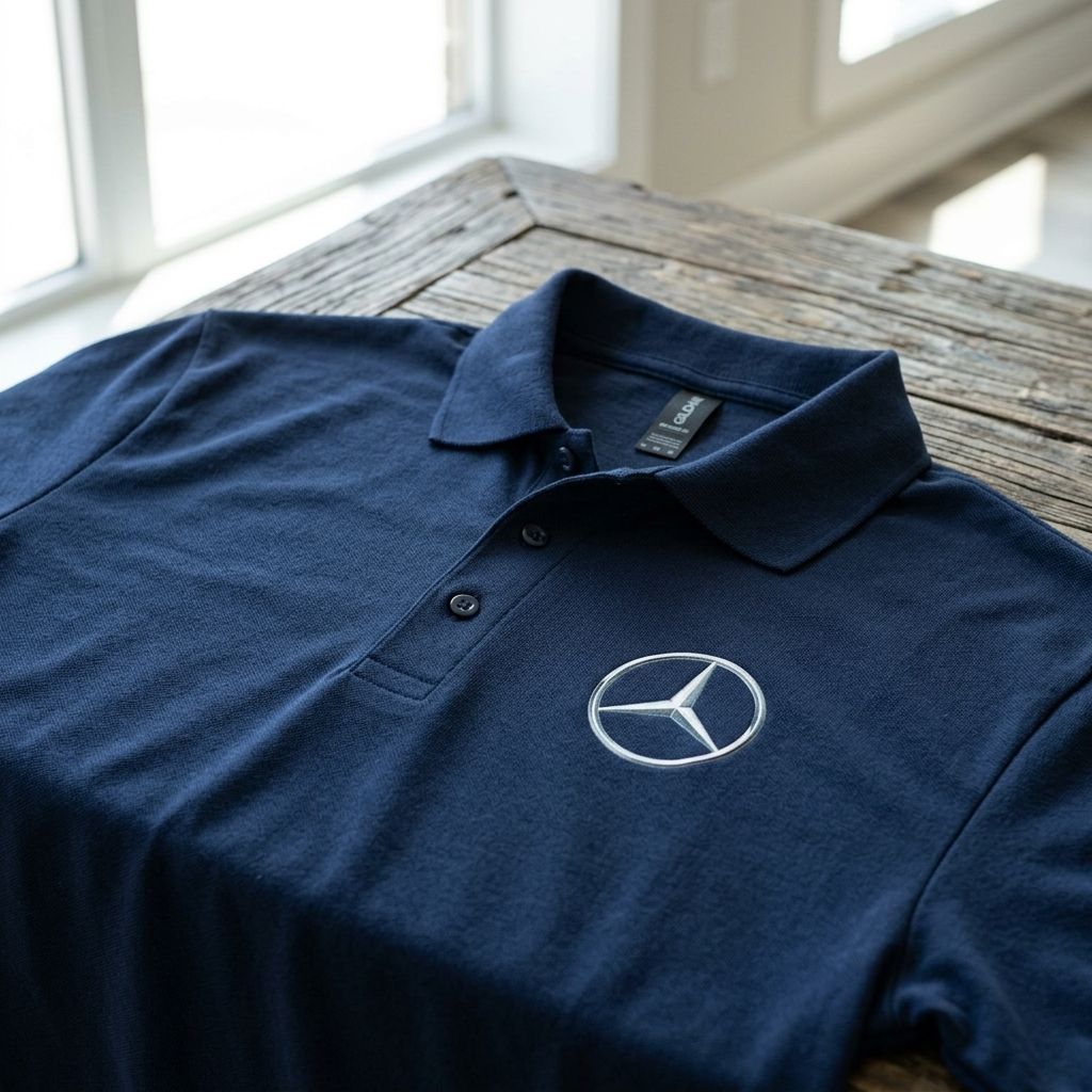 Close-up of men's Mercedes-Benz polo draped over rustic wooden table, emphasizing fabric texture and detailed stitching.