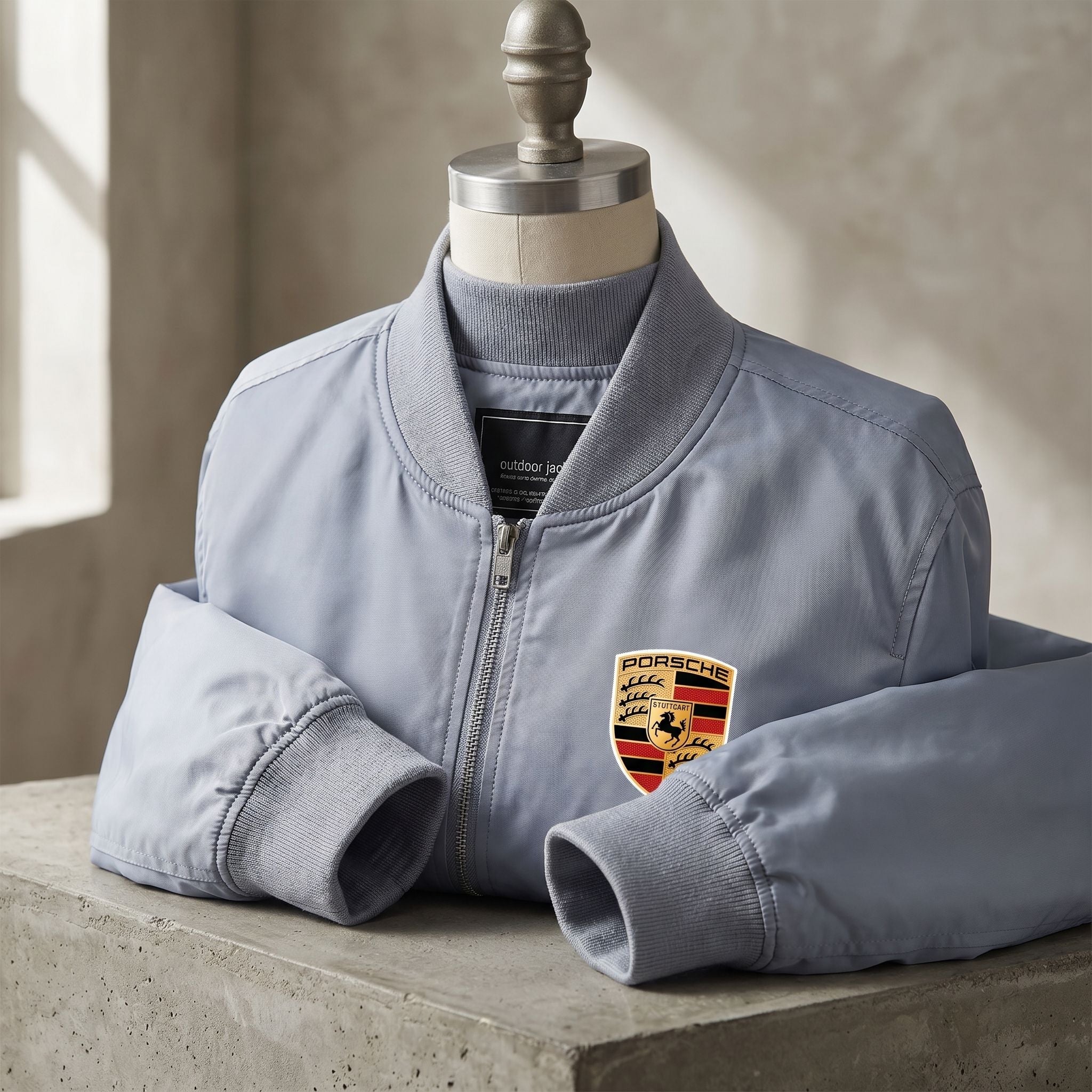 Close-up display of men's Porsche bomber jacket's ribbed cuffs and collar on a mannequin, showing fine knit details and sleek finish in natural light.