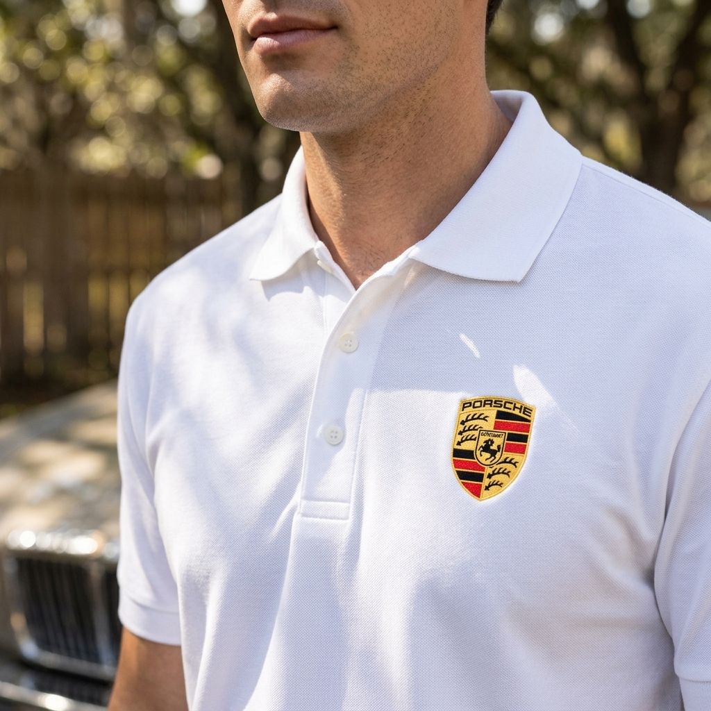 Close-up of men's Porsche Dry Blend Polo showing collar, textured fabric, and dyed buttons in outdoor natural sunlight.