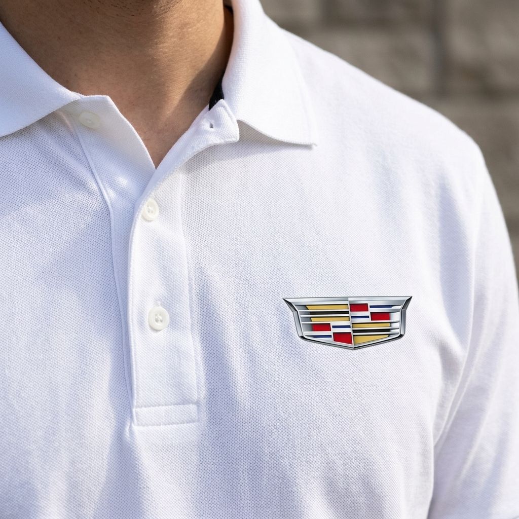 Close-up of Men’s Cadillac Car Dry Blend Polo showing textured cotton-polyester knit fabric, finished placket, dyed-to-match buttons, and structured collar.