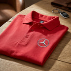 Close-up of men's Mercedes-Benz dry blend polo showing textured fabric and structured collar with dye-to-match buttons.