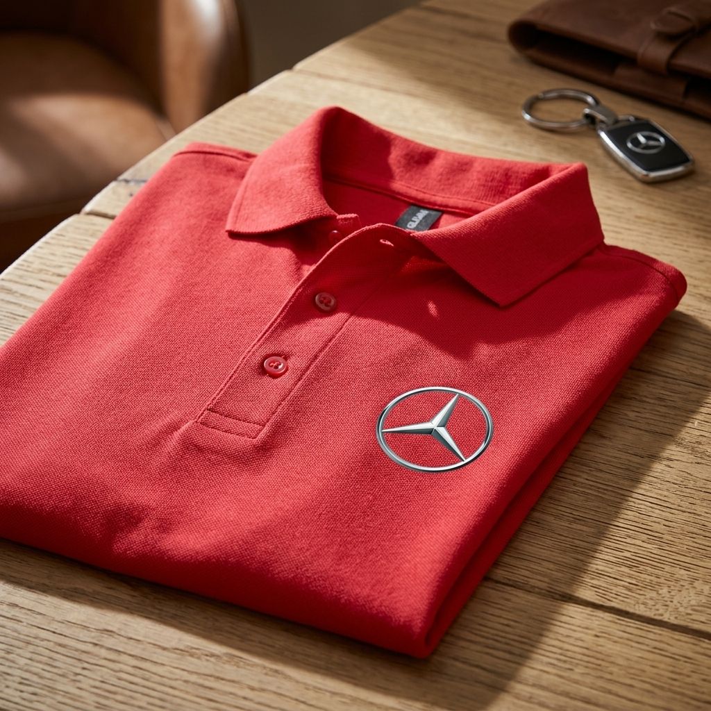 Close-up of men's Mercedes-Benz dry blend polo showing textured fabric and structured collar with dye-to-match buttons.