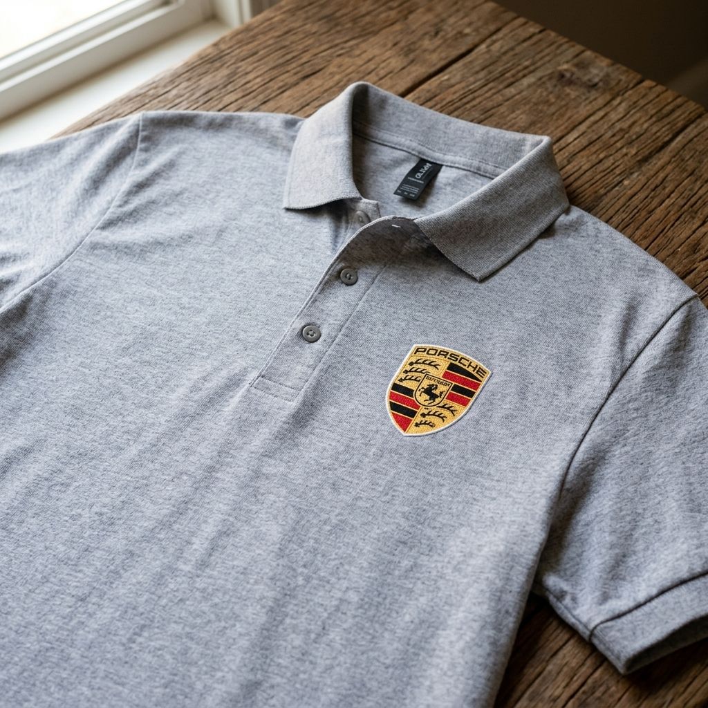 Close-up of men's Porsche Car Dry Blend Polo highlighting the textured cotton-polyester knit fabric and dyed-to-match buttons.