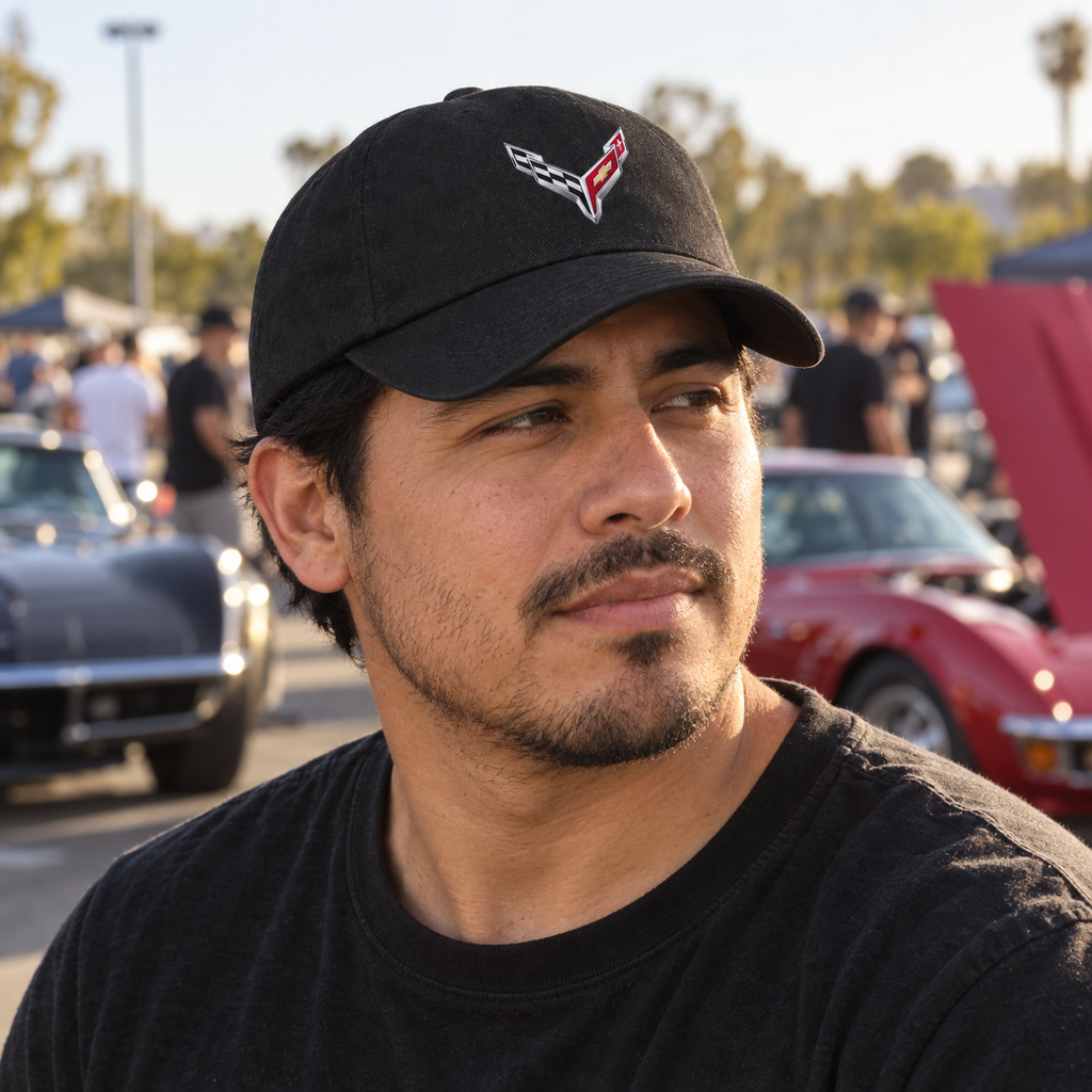 Corvette Dad Baseball Cap | Color: Black | Image 2 | Lifestyle Portrait