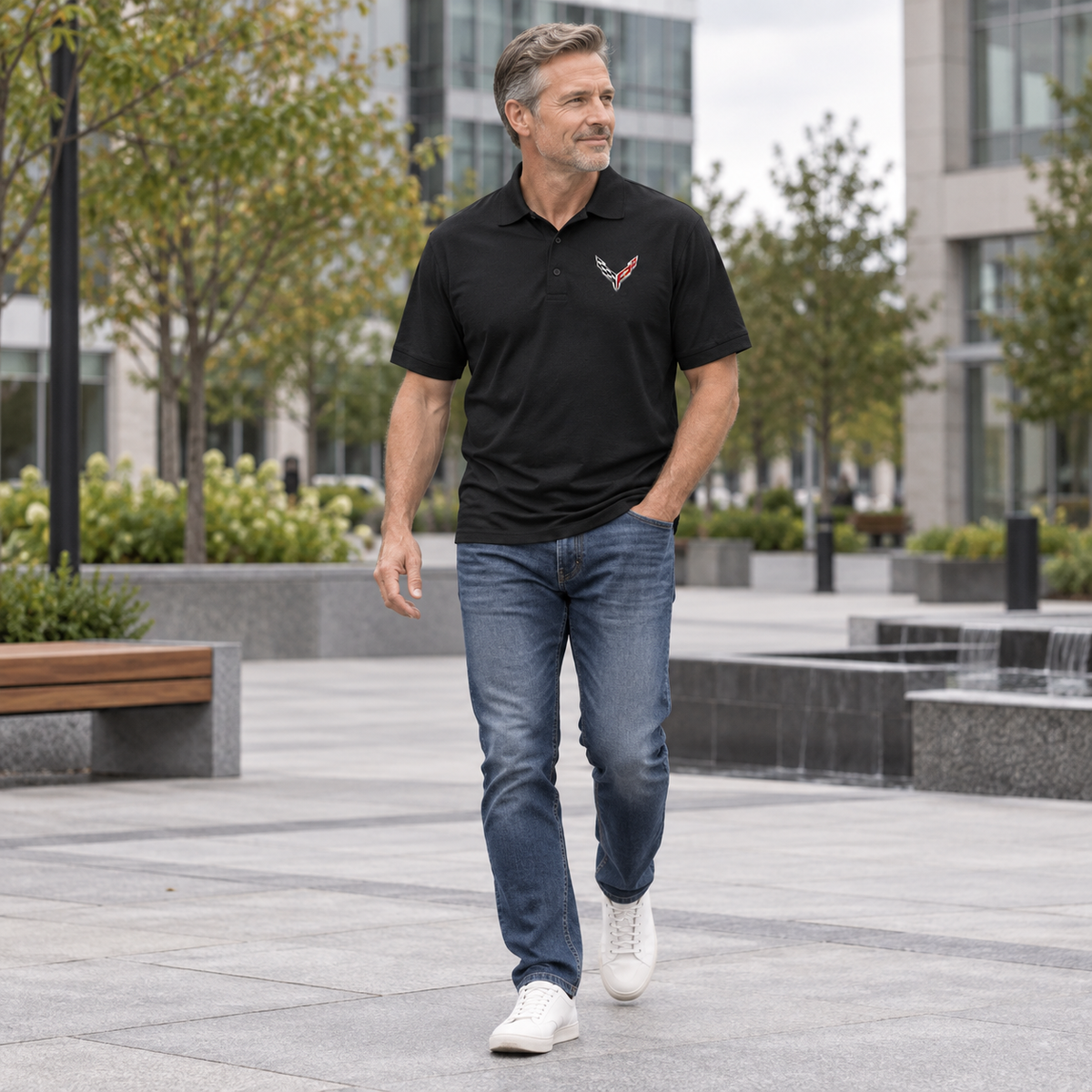 Corvette Dry Blend Polo | Color: Black | Image 4 | Wide Lifestyle Scene