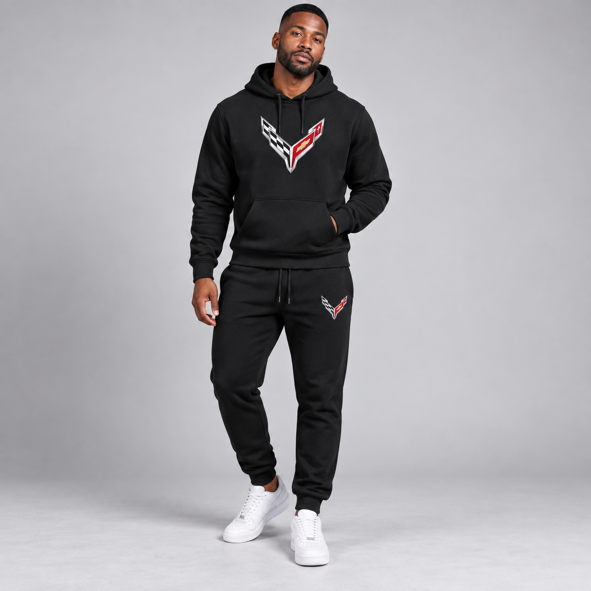Corvette Hoodie Joggers Set | Color: Black | Image 1 | Studio Model