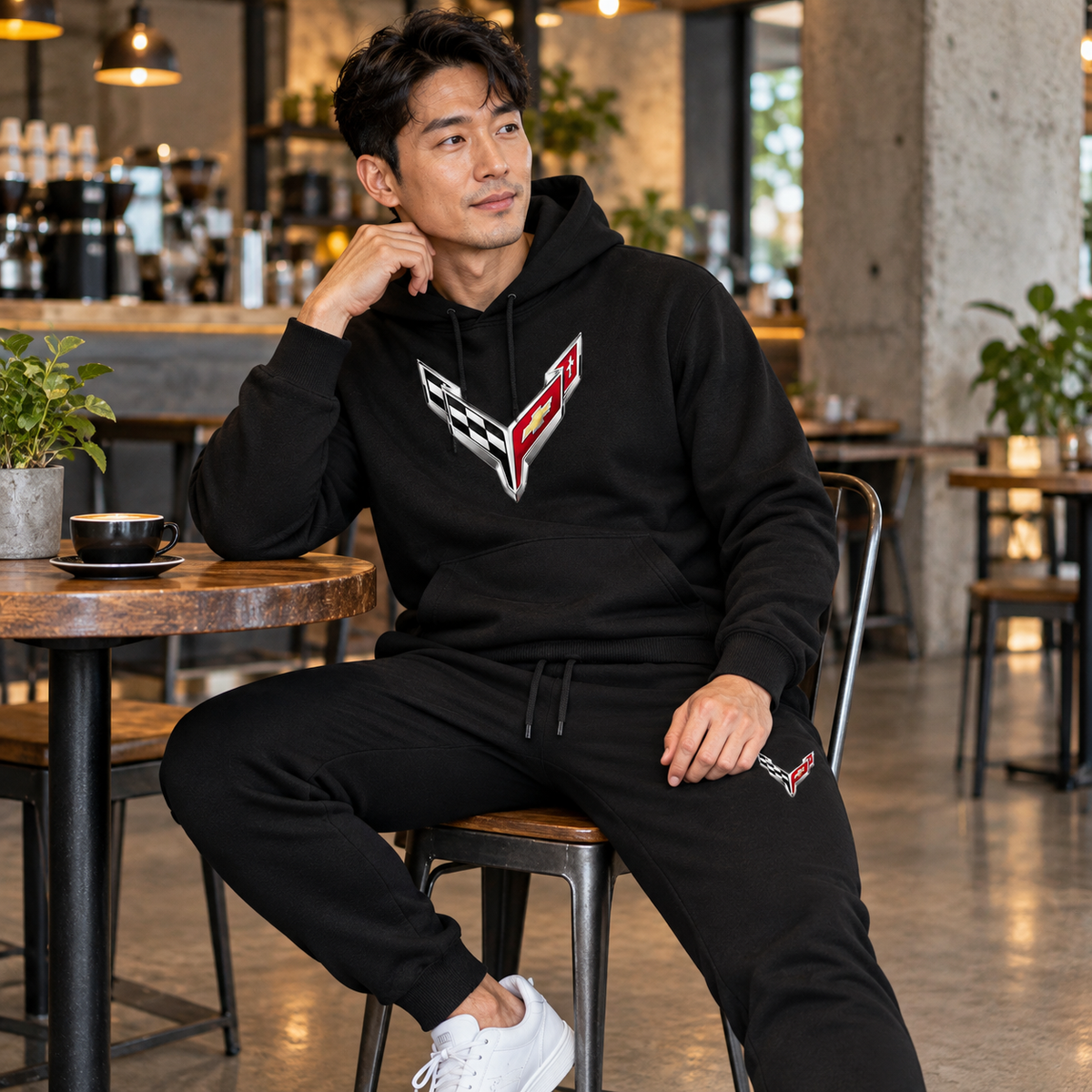 Corvette Hoodie Joggers Set | Color: Black | Image 3 | Lifestyle Portrait