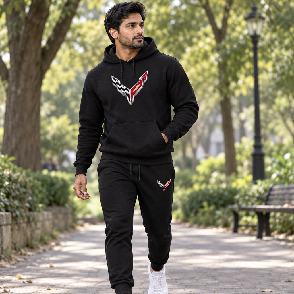 Corvette Hoodie Joggers Set | Color: Black | Image 5 | Lifestyle Editorial