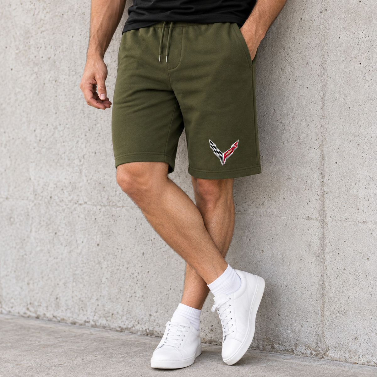 Men's Chevrolet Corvette Car Athletic Fleece Shorts | Color: Army Green | Image 2