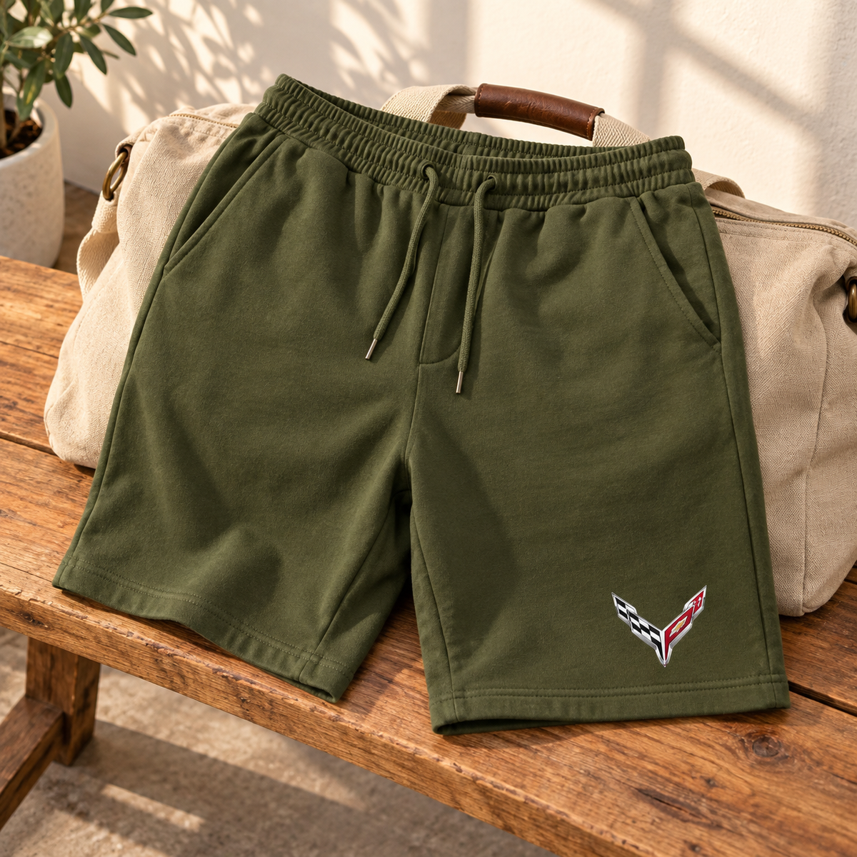 Men's Chevrolet Corvette Car Athletic Fleece Shorts | Color: Army Green | Image 3