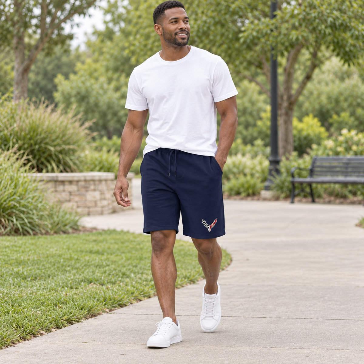 Men's Chevrolet Corvette Car Athletic Fleece Shorts | Color: Navy | Image 1
