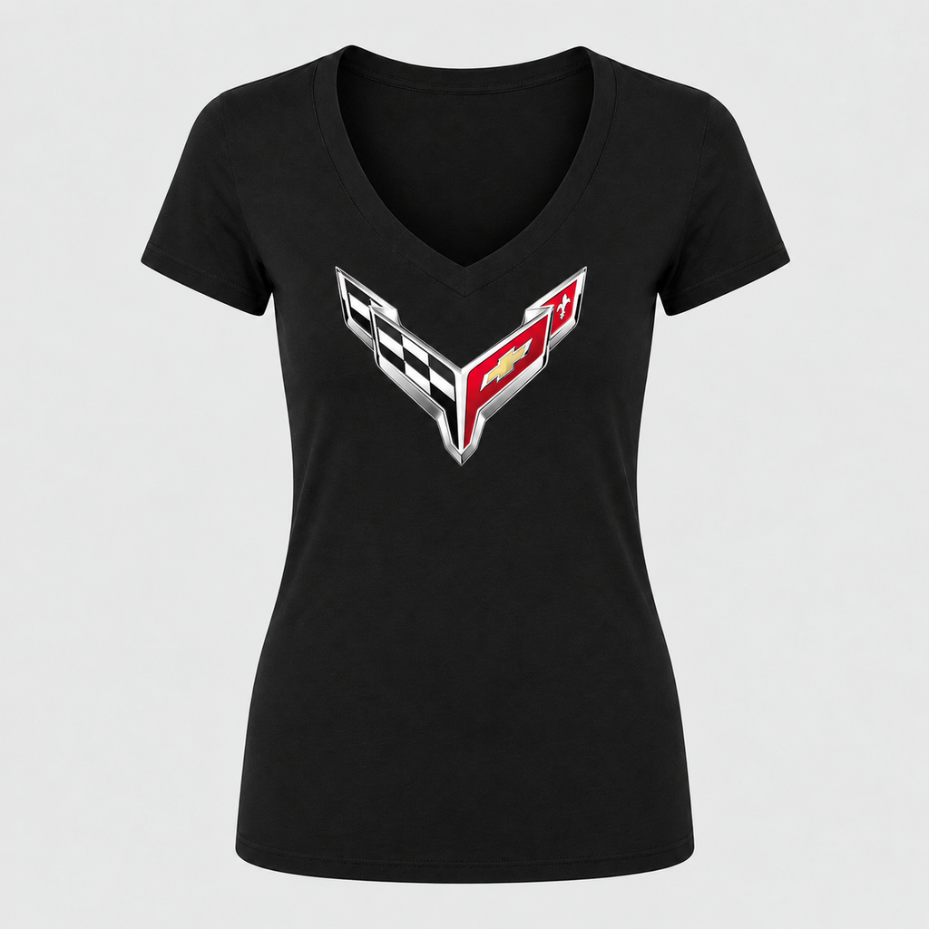 Women's Chevrolet Corvette Car V-Neck T-Shirt - Black