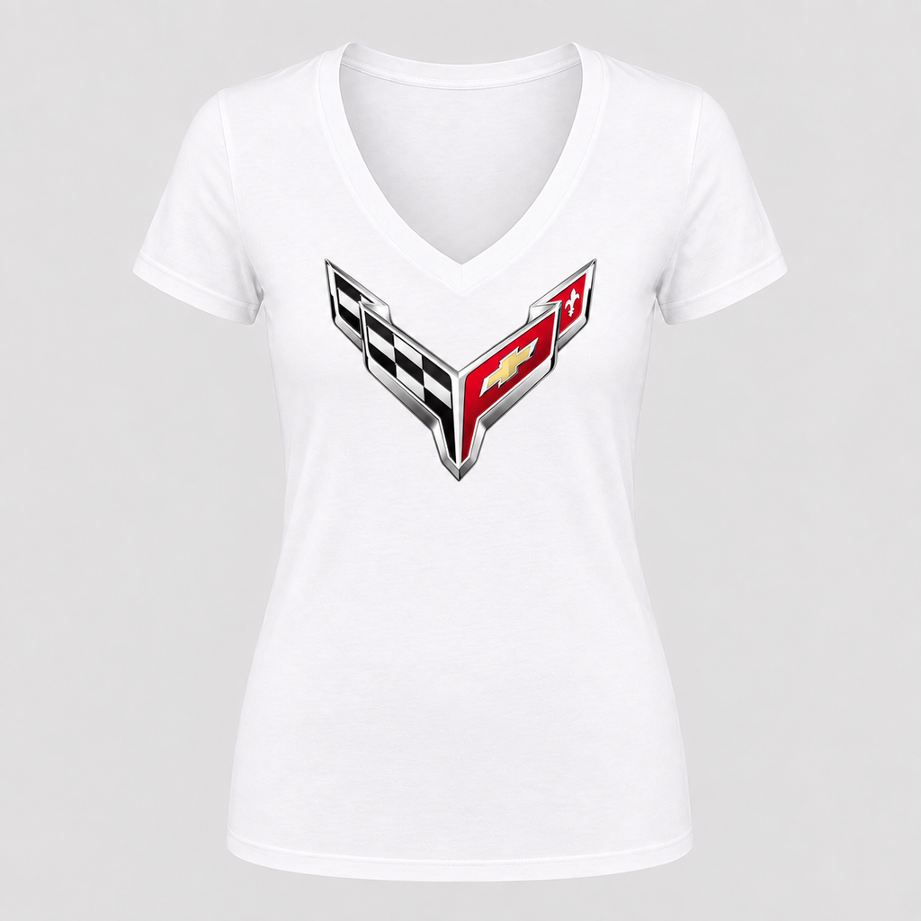 Women's Chevrolet Corvette Car V-Neck T-Shirt - White