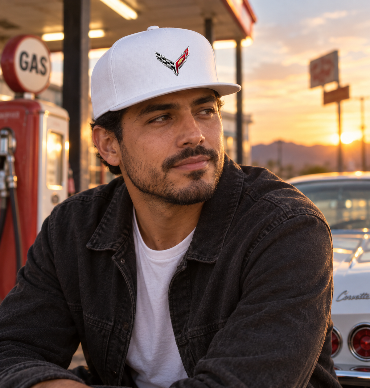 Chevrolet Corvette Snapback | Color: White | Image 2 | 02 Sunset Gas Station Portrait