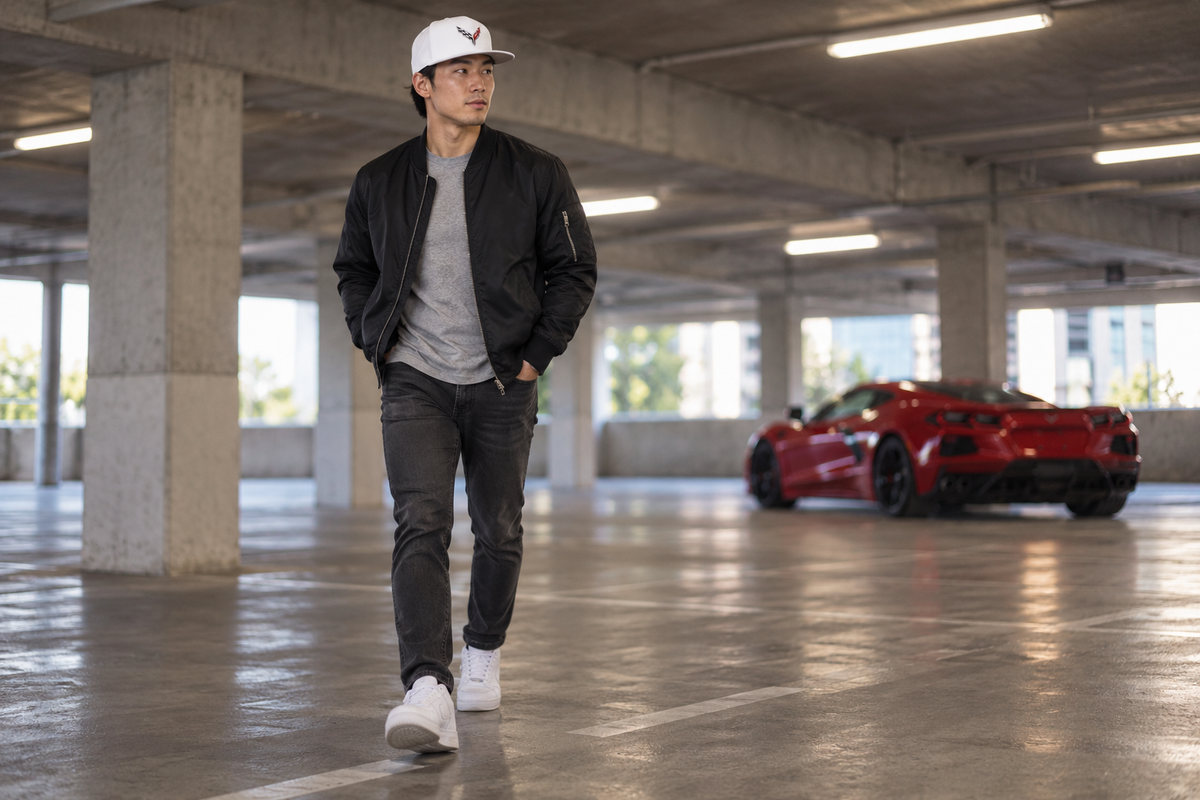 Chevrolet Corvette Snapback | Color: White | Image 4 | 04 Parking Garage Wide Lifestyle