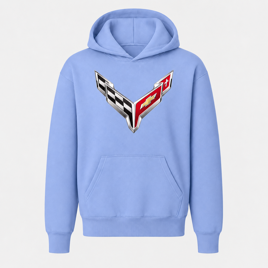 Youth Kids Chevrolet Corvette Car Pullover Hoodie - Light Blue