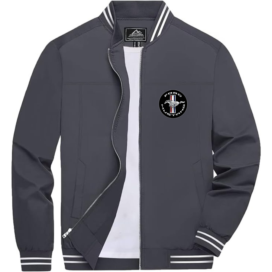 Men’s Ford Mustang Motorsport Supercars Lightweight Zip-Up Bomber Jacket with Ribbed Collar and Cuffs - Versatile Casual Outerwear