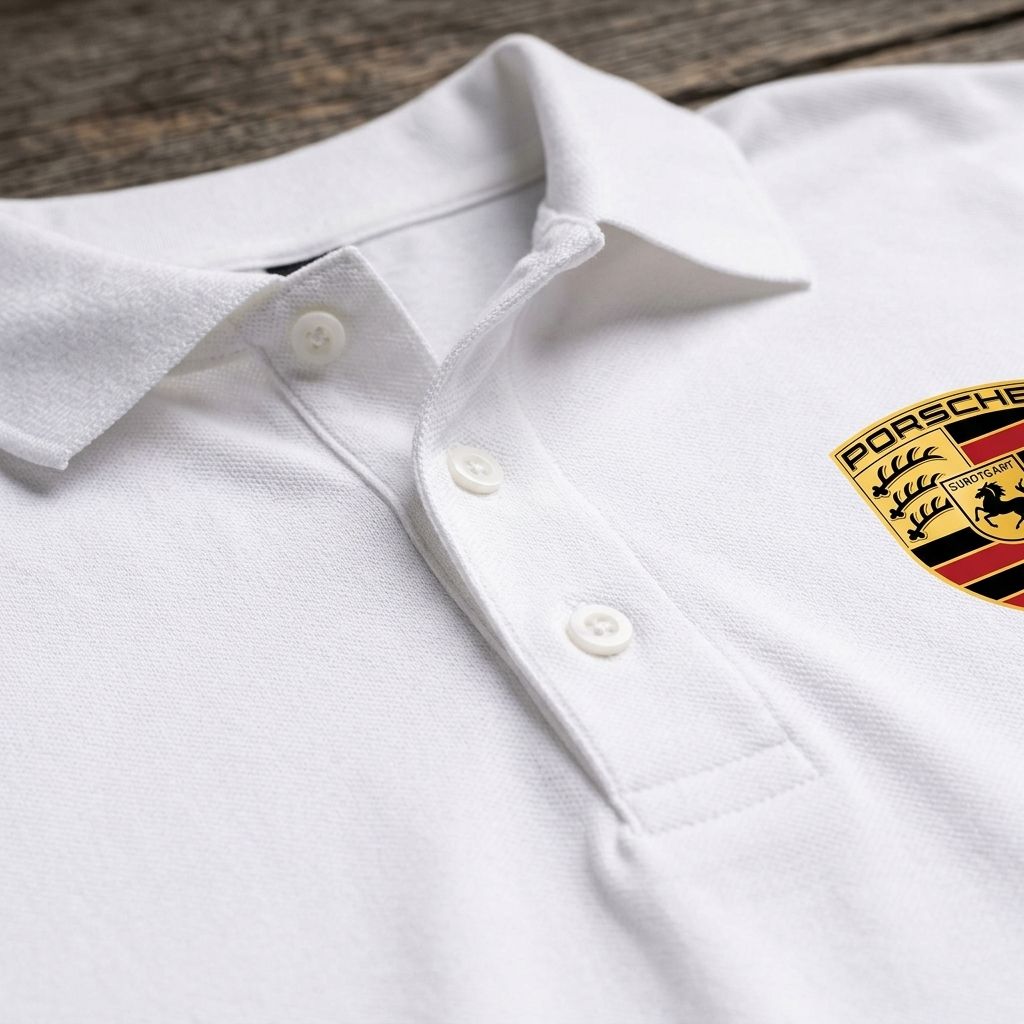 Close-up of Porsche Dry Blend Polo front placket with dyed buttons on wooden background, highlighting fabric weave and finish.