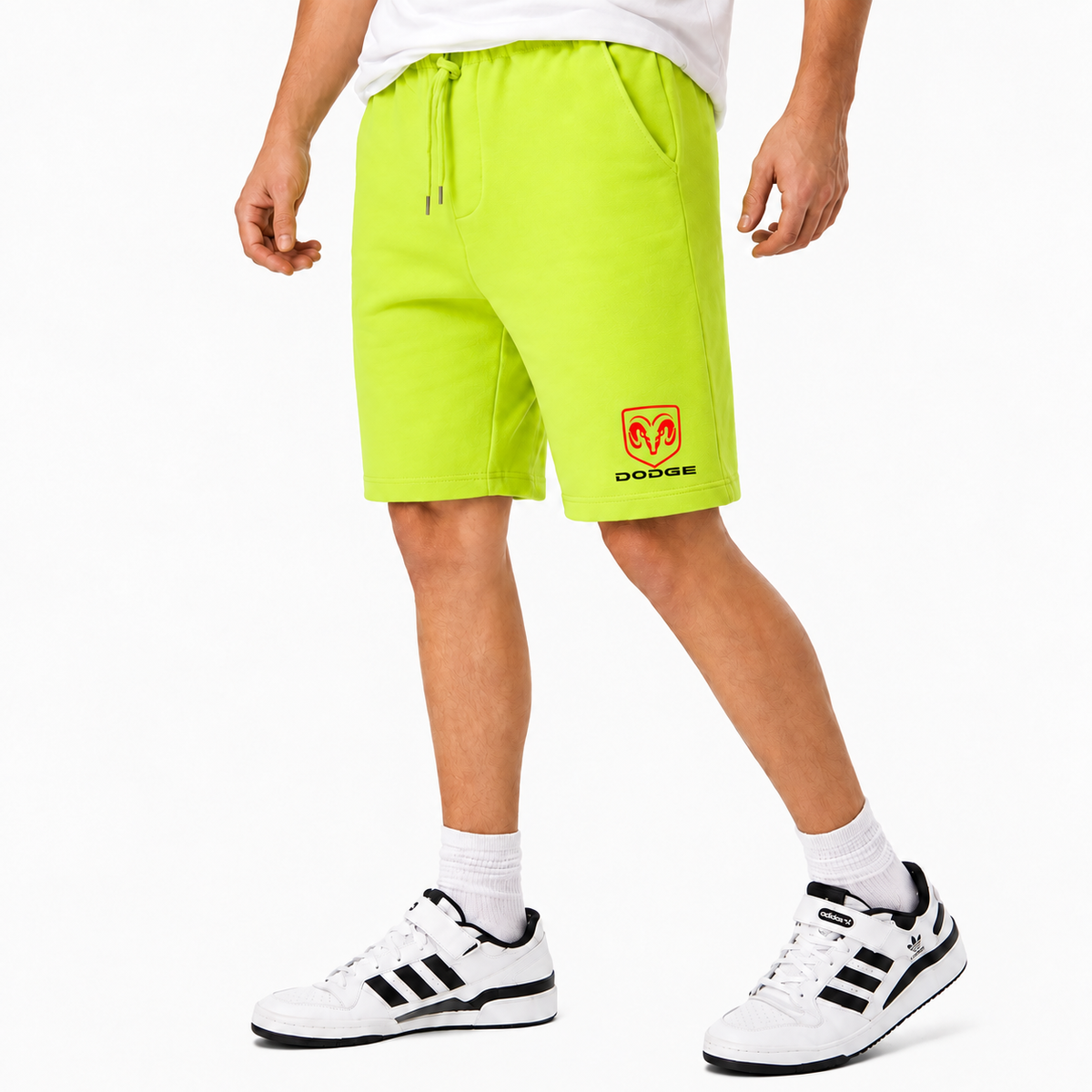 Dodge fleece shorts Lime Green front logo near left hem