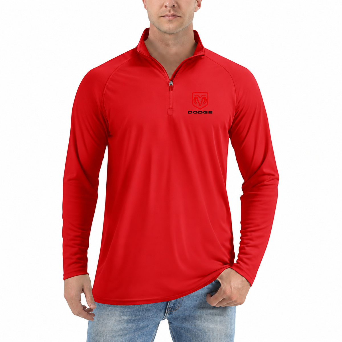 Dodge quarter-zip Red front left-chest heat transfer