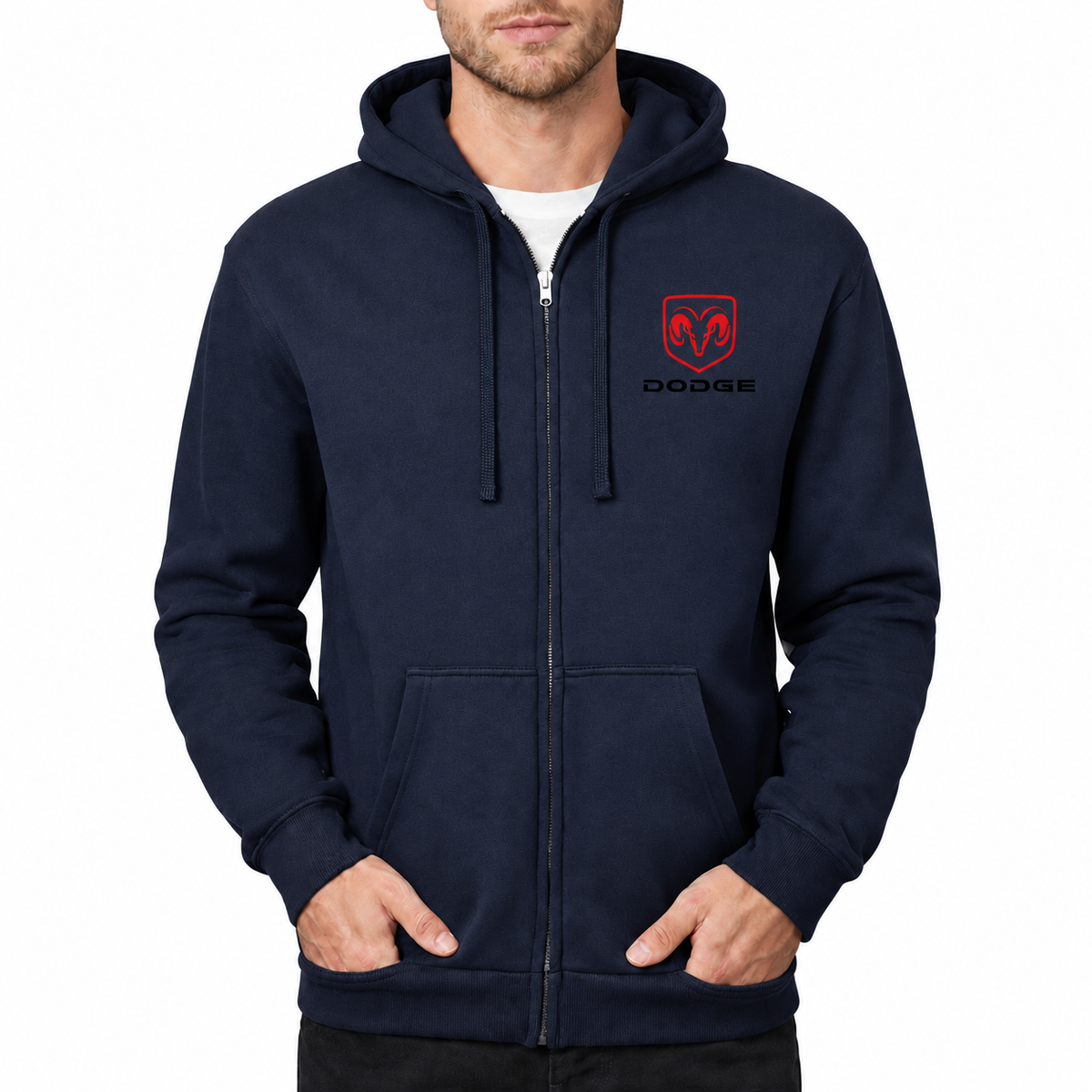 Dodge zipper hoodie Navy front left chest heat transfer