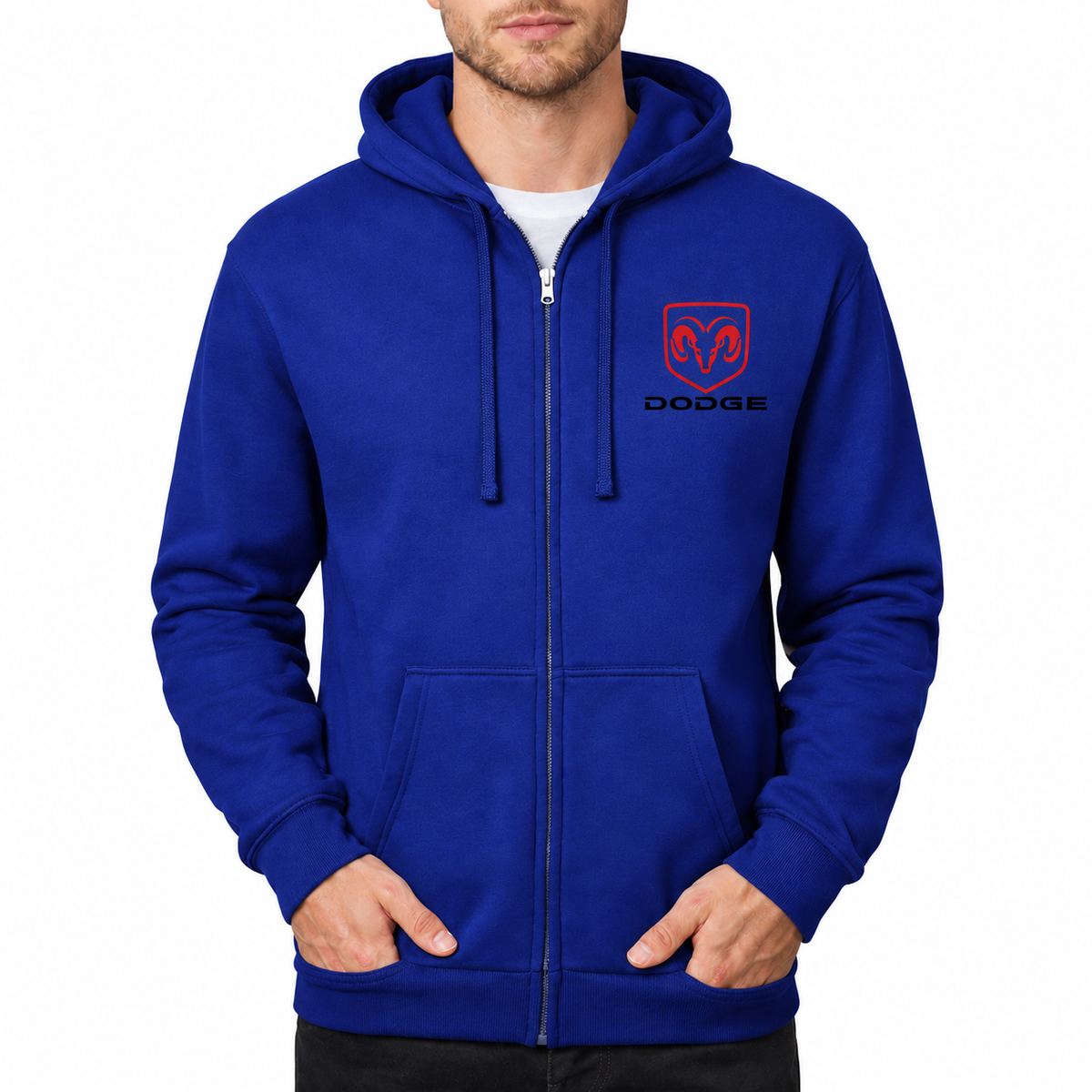 Dodge zipper hoodie Royal Blue front left chest heat transfer