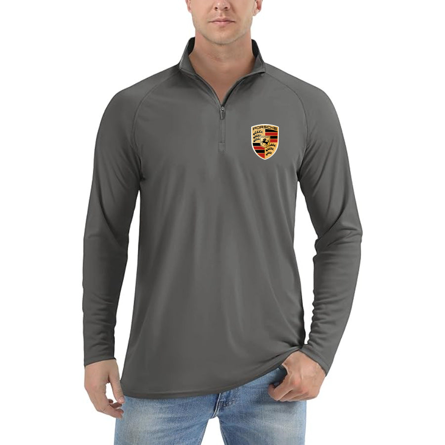 Men's Porsche Car Lightweight Quarter-Zip Athletic Shirt Long Sleeve Polyester Wear - Dark Grey