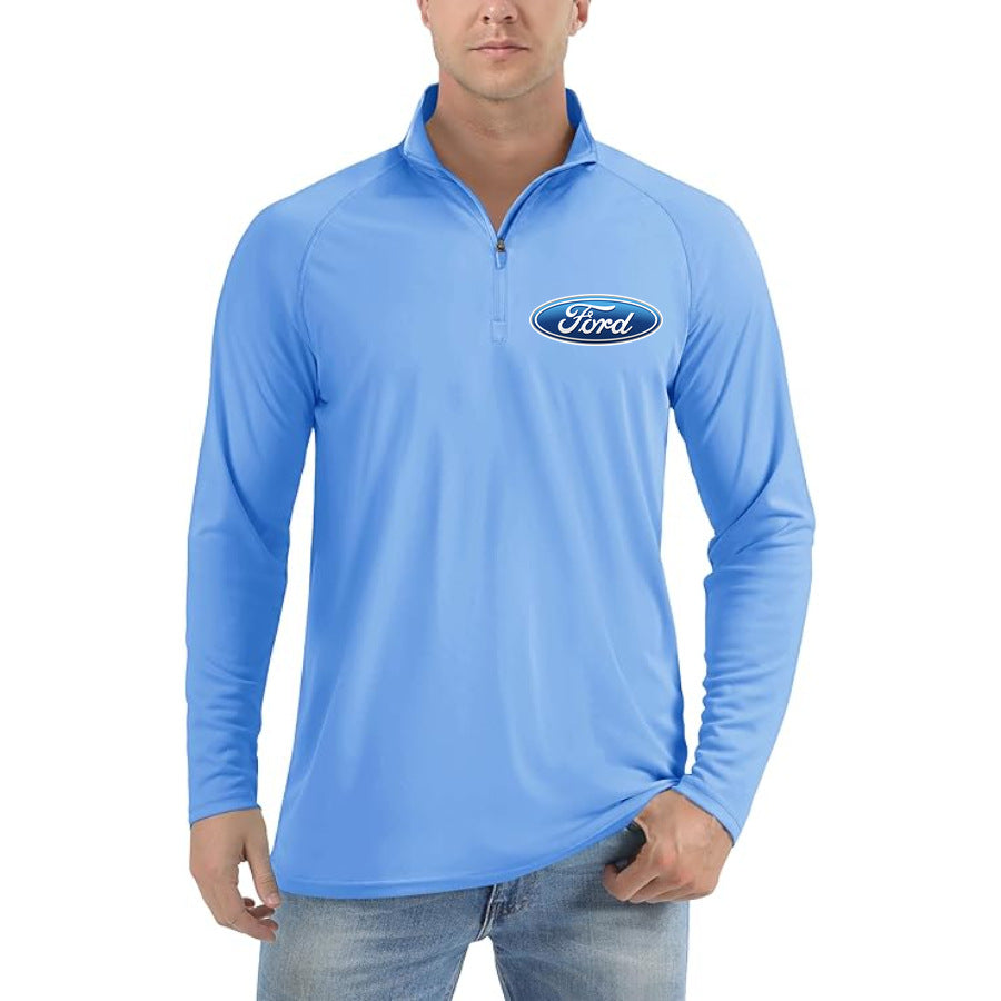 Men's Ford Car Lightweight Quarter-Zip Athletic Shirt Long Sleeve Polyester Wear - Light Blue