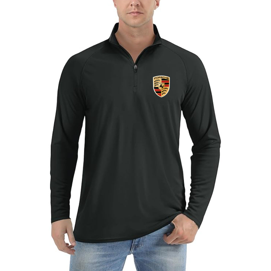 Men's Porsche Car Lightweight Quarter-Zip Athletic Shirt Long Sleeve Polyester Wear - Black