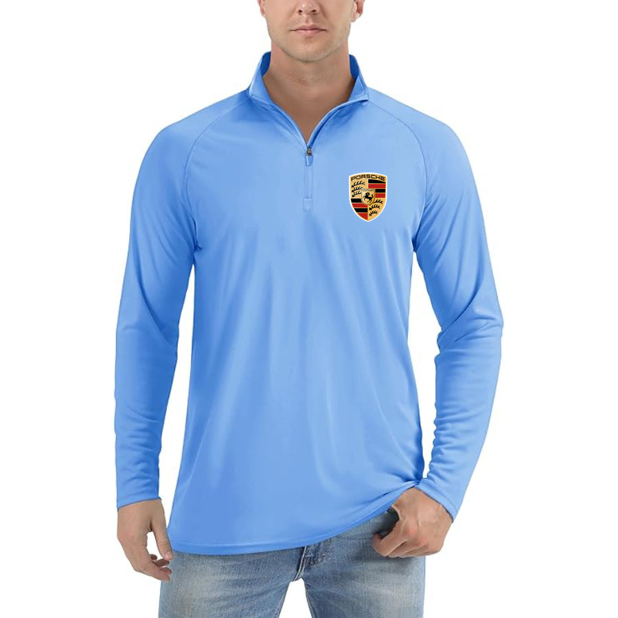 Men's Porsche Car Lightweight Quarter-Zip Athletic Shirt Long Sleeve Polyester Wear - Light Blue