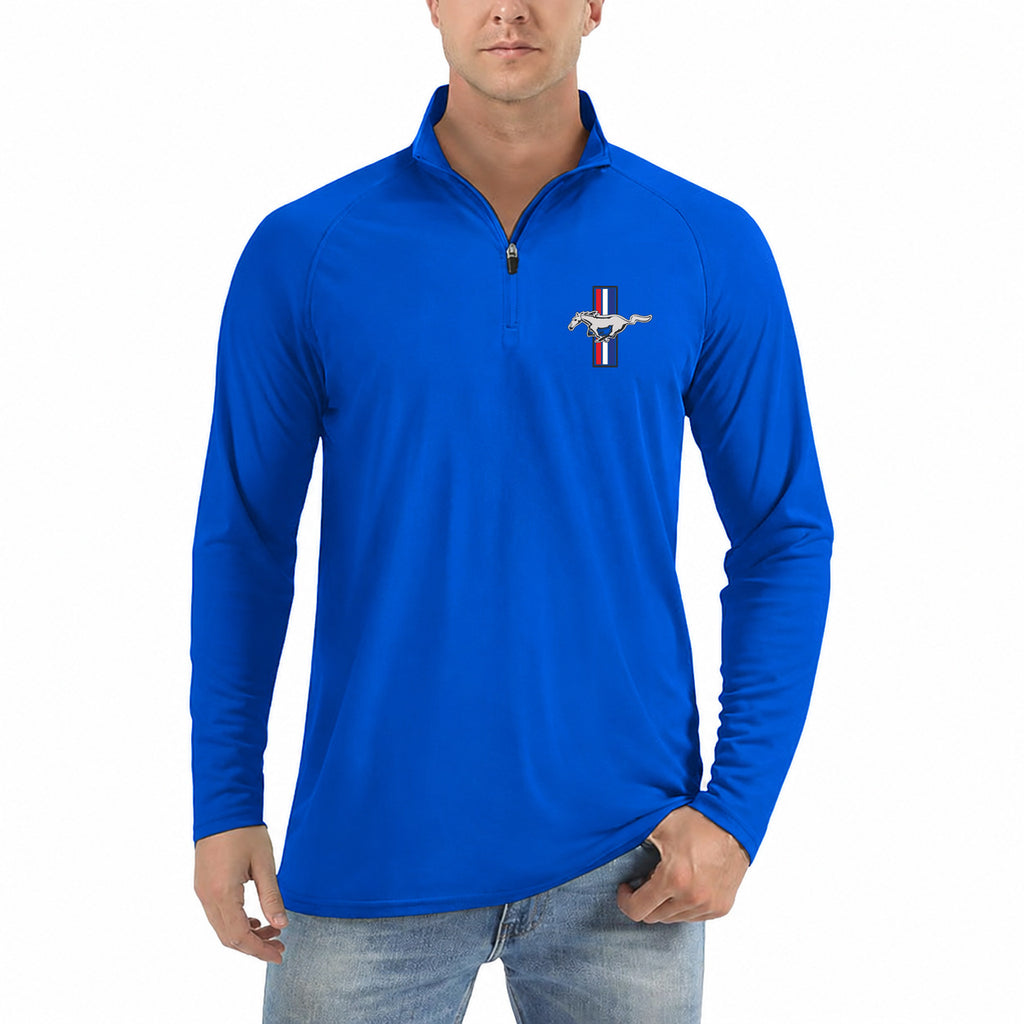 Men's Mustang New Car Lightweight Quarter-Zip Athletic Shirt Long Sleeve Polyester Wear - Royal Blue