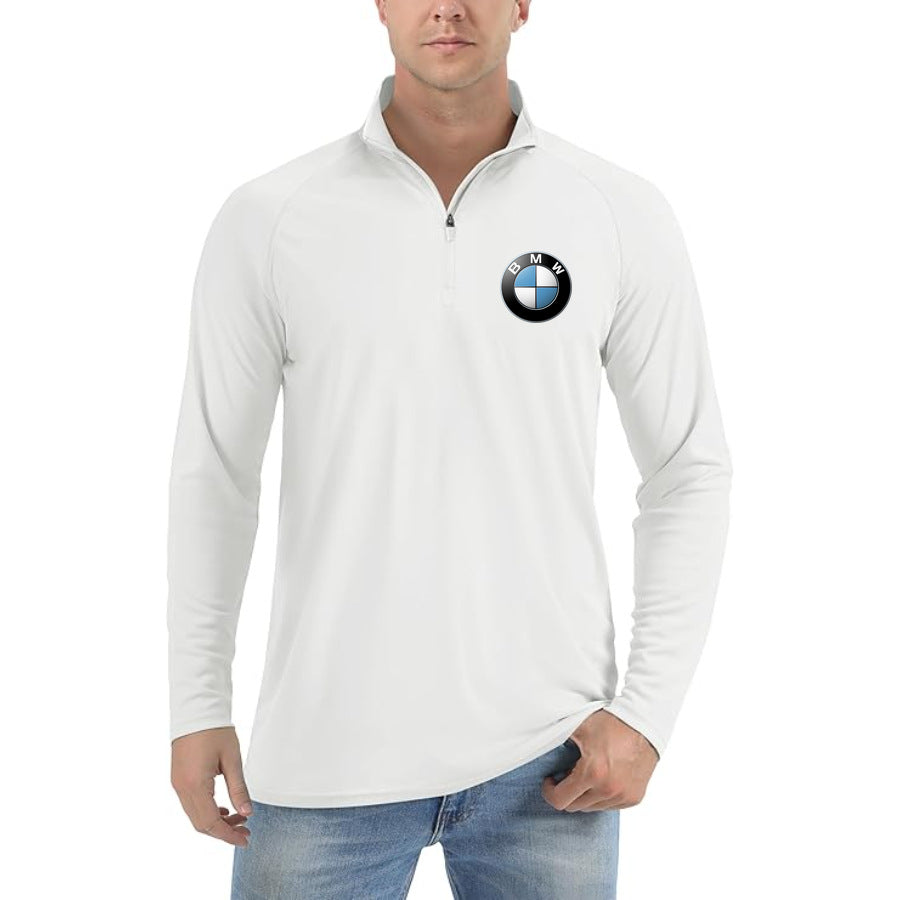 Men's BMW Car Lightweight Quarter-Zip Athletic Shirt Long Sleeve Polyester Wear - White