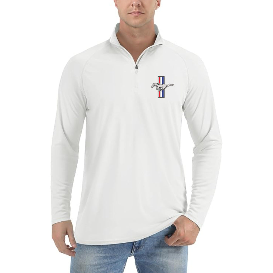 Men's Mustang New Car Lightweight Quarter-Zip Athletic Shirt Long Sleeve Polyester Wear - White