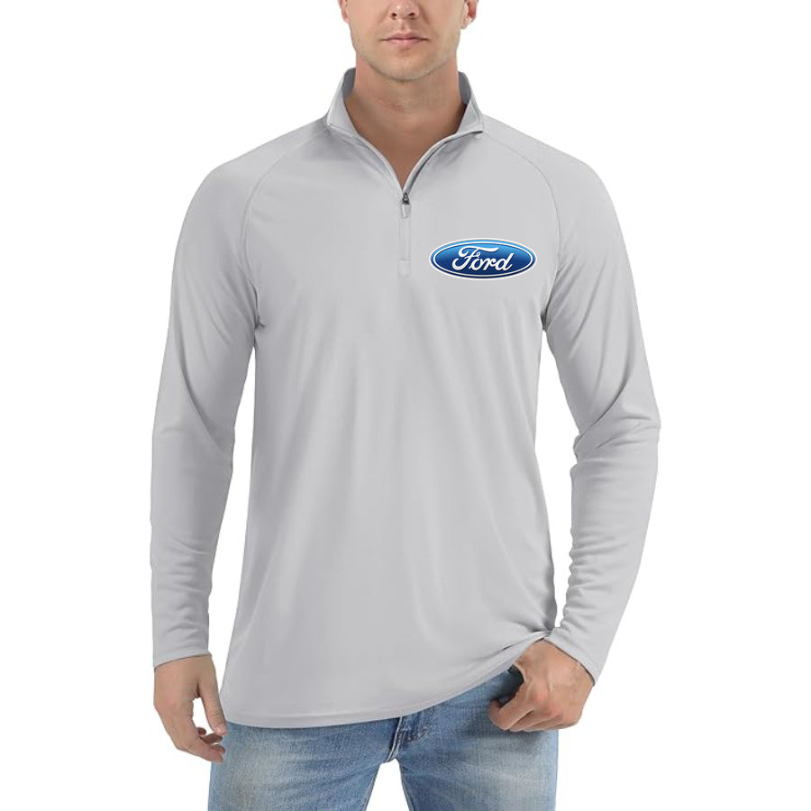Men's Ford Car Lightweight Quarter-Zip Athletic Shirt Long Sleeve Polyester Wear - Light Gray